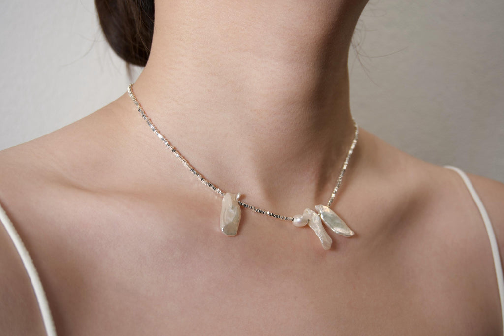 Silver Bead Necklace with Keshi Pearls