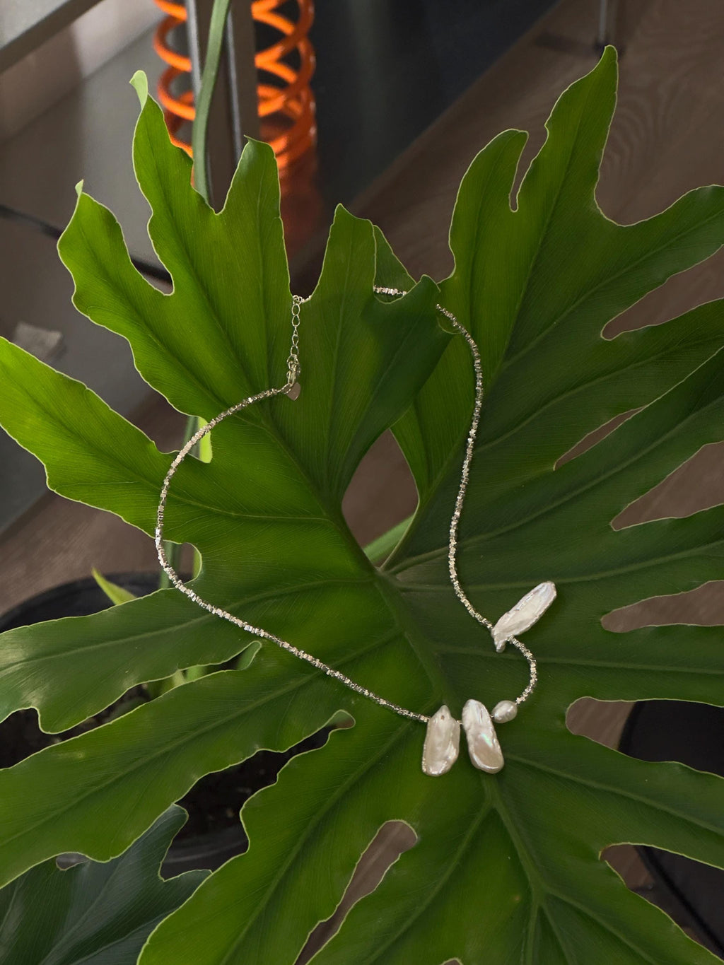 Silver Bead Necklace with Keshi Pearls