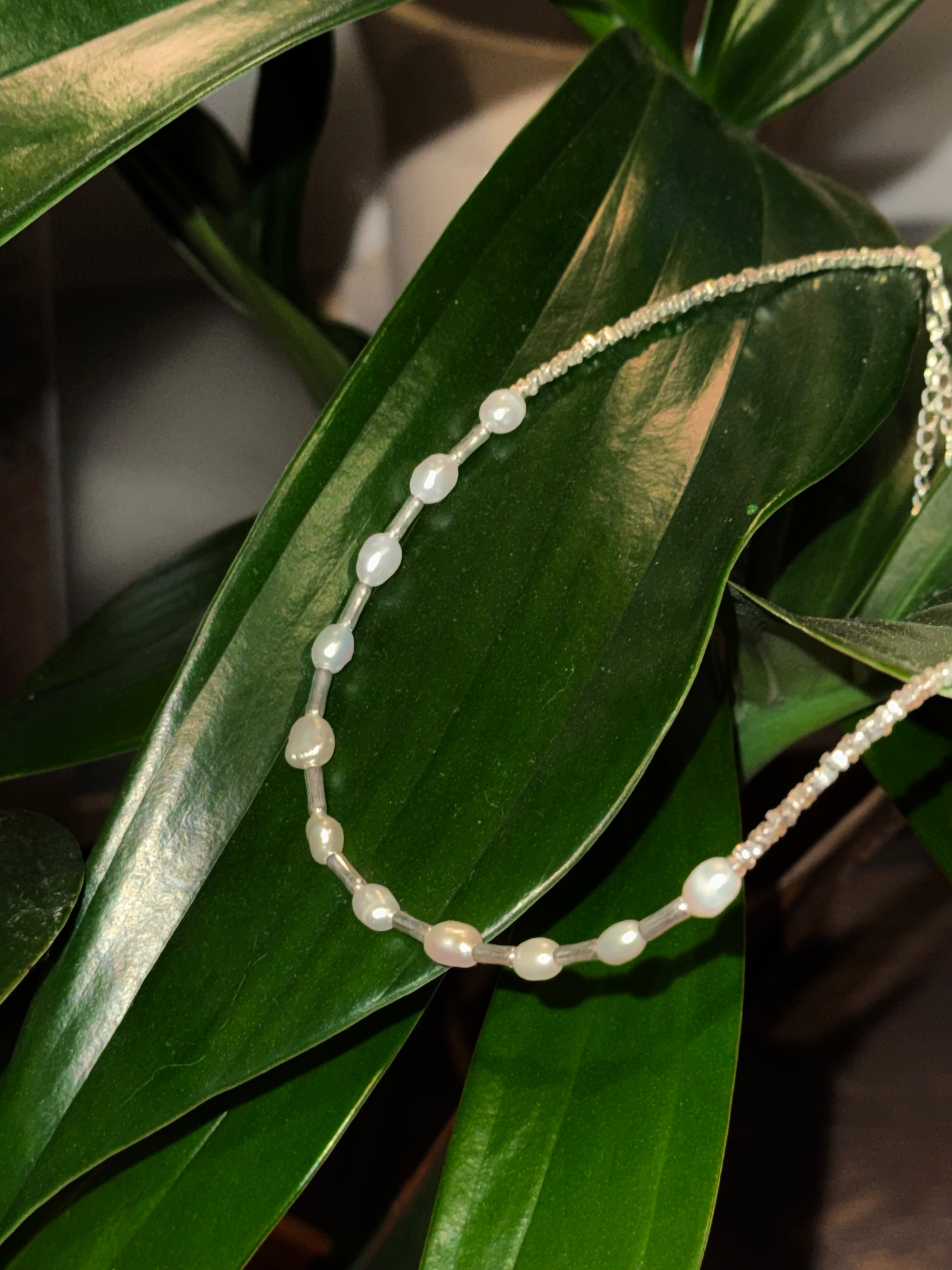 Pearl and Silver Tube Bead Necklace