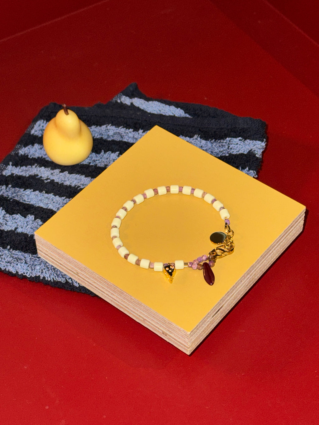 Handmade Cream Beaded Bracelet with Cheese Charm