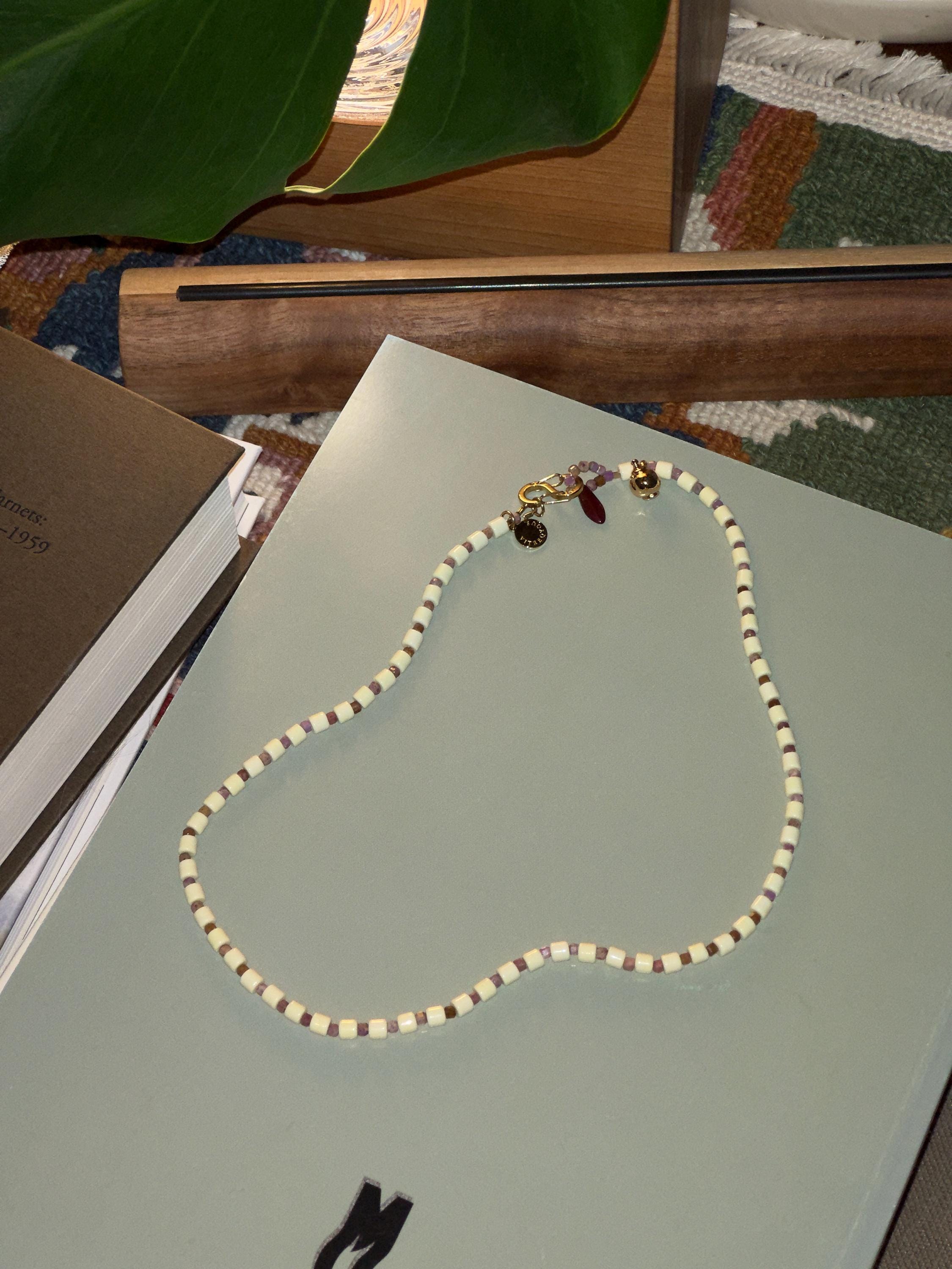 Handmade Cream and Lilac Beaded Necklace